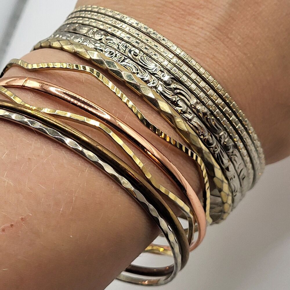 Set of 11 Gold Copper Silver Tone Stack of Bangle Bracelets